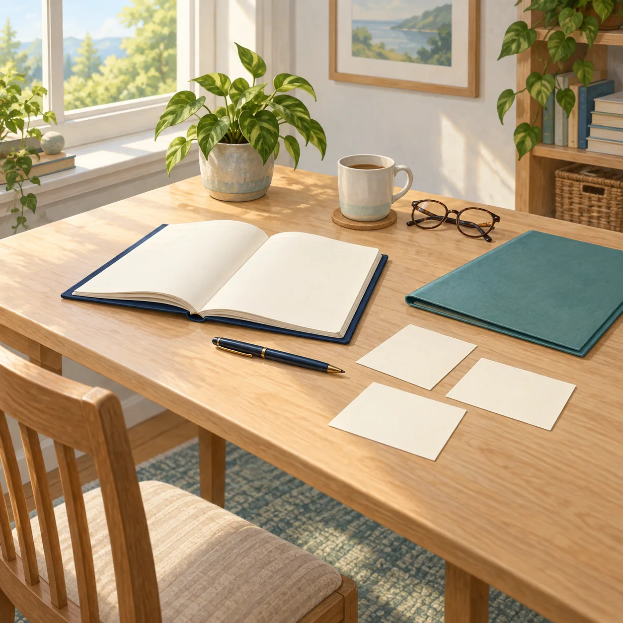 An open blank notebook, three blank cards, a pen, a closed teal folder, glasses and a mug on a wooden desk beside a bright window.