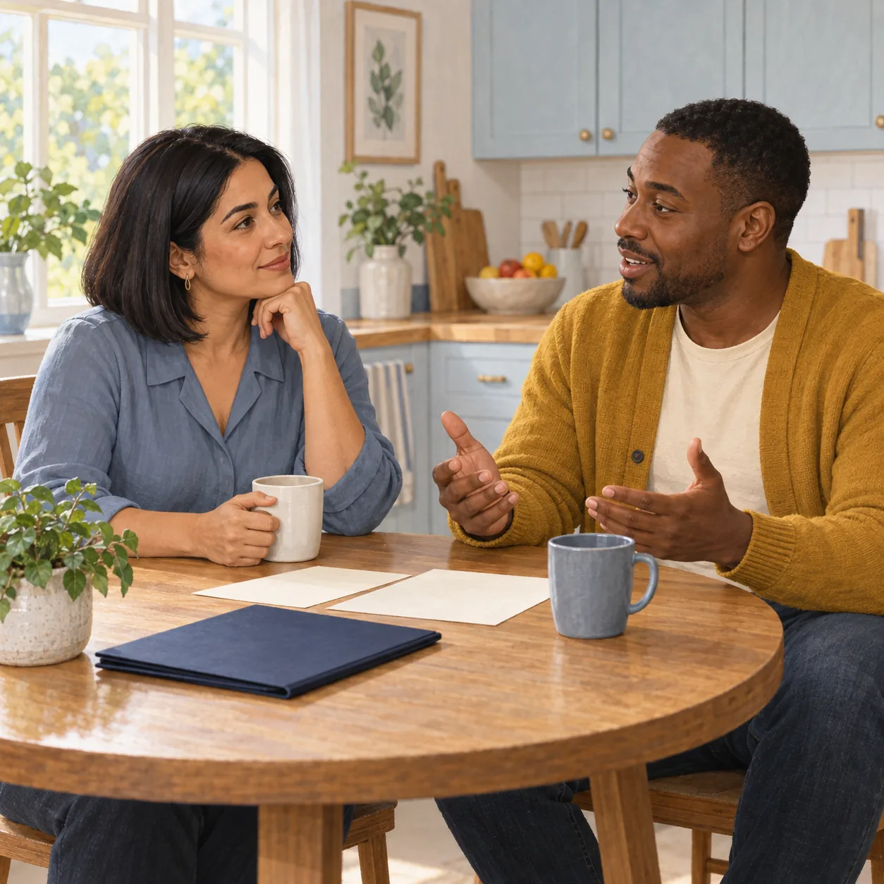 Two adults talk at a wooden kitchen table with a closed navy folder, two blank sheets, mugs and a potted plant.