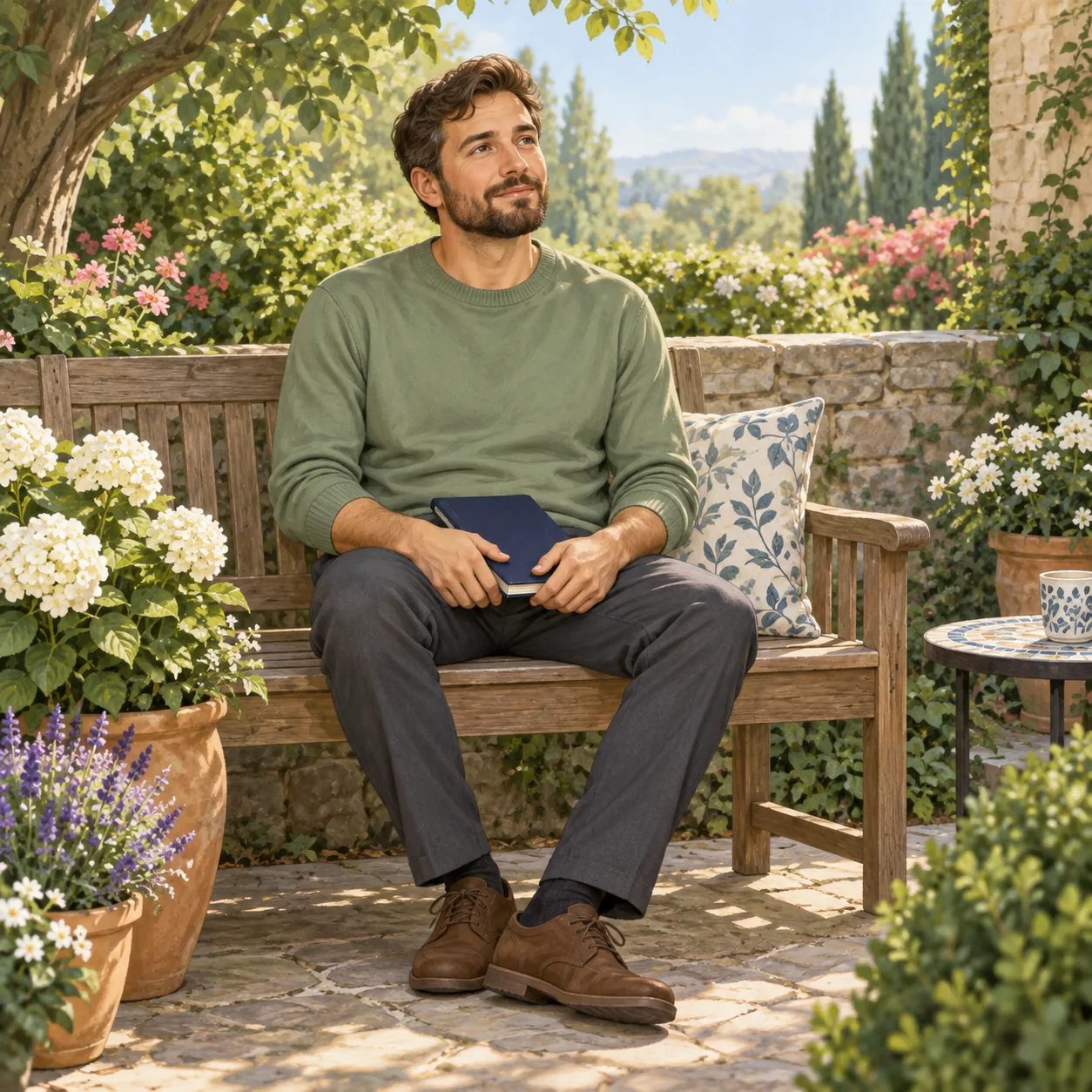 A man in a sage-green pullover sits on a wooden garden bench with a closed navy notebook, surrounded by potted flowers and greenery.
