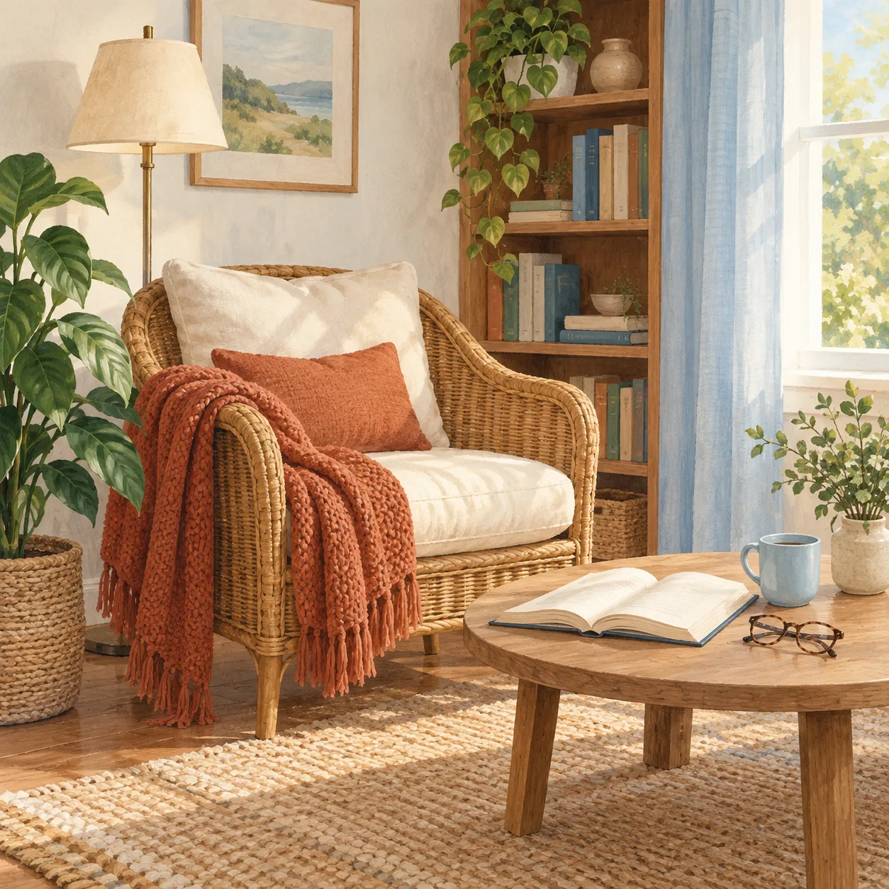 A woven armchair with cream and rust cushions stands beside a wooden table with an open book, glasses, a blue mug and a potted plant in a quiet reading corner.