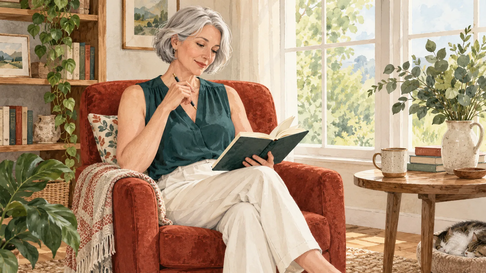 Desktop illustration: A fictional silver-haired adult woman holds an open dark-green book and a pen in a rust armchair beside a sunny window, plants and a resting cat. Mobile illustration: A fictional adult man with short dark curls sits at a wooden veranda table, holding a pen over an open book with his other hand beneath his chin, among flowering plants.