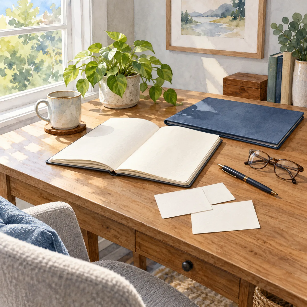 An open cream-paged book, three unmarked cards, a dark pen and folded glasses on a wooden desk beside a window, plants and a closed blue folder.