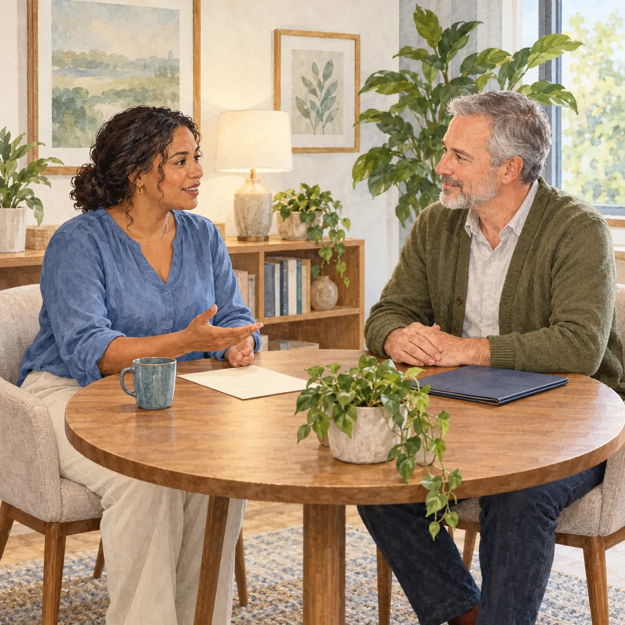 Two fictional adults, in a blue blouse and an olive cardigan, converse at a round wooden table with an unmarked cream sheet, a closed navy folder and plants.