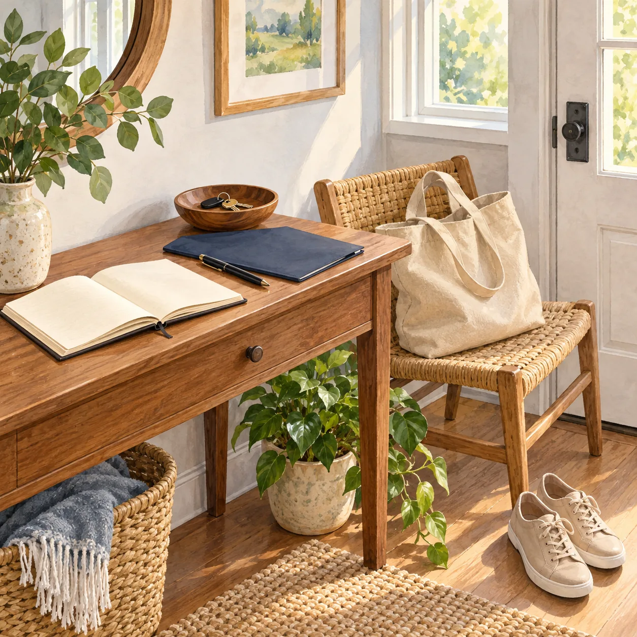 An open notebook, dark pen, navy folder and bowl of keys on a wooden console beside a woven chair with a canvas tote and a pair of pale lace-up shoes.