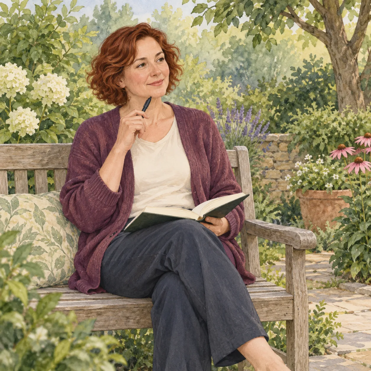 A fictional auburn-haired adult woman in a plum cardigan sits on a garden bench, holding a pen near her chin and an open dark-green book on her lap among flowers.