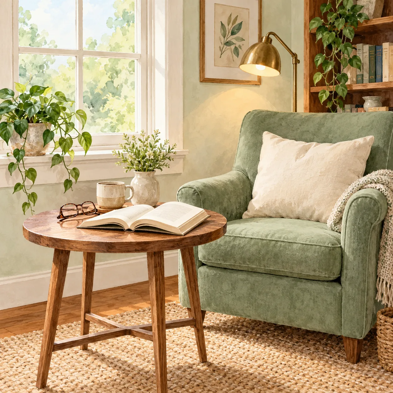 An empty sage-green armchair beside a wooden table with an open pale-paged book, amber glasses, a mug and flowers, near a sunny window, plants and reading lamp.