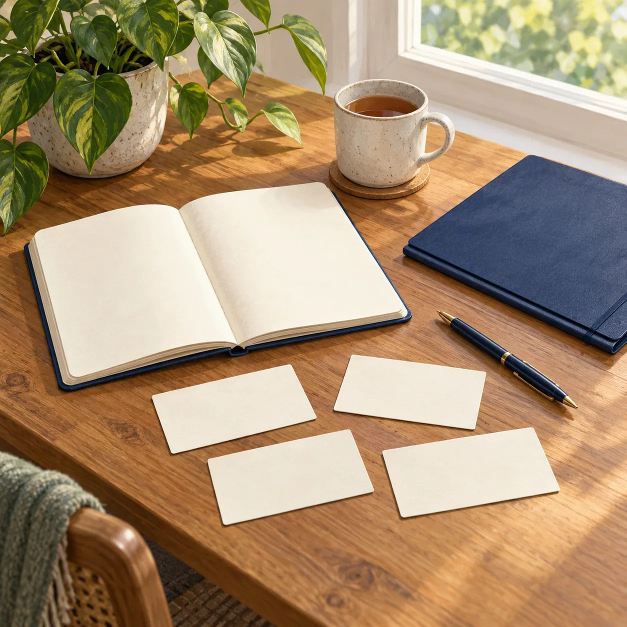 Illustration of an open blank-looking notebook, four cream cards, a dark pen, closed blue book and mug beside a leafy plant and window.
