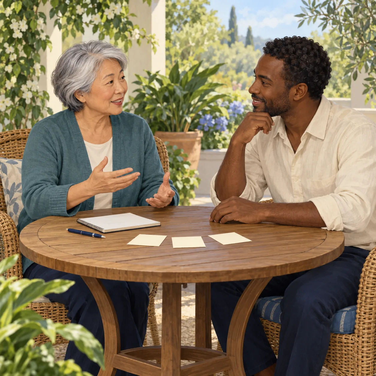 Illustration of two clothed adults talking at a garden table with a plain notepad, pen and three unmarked cards.