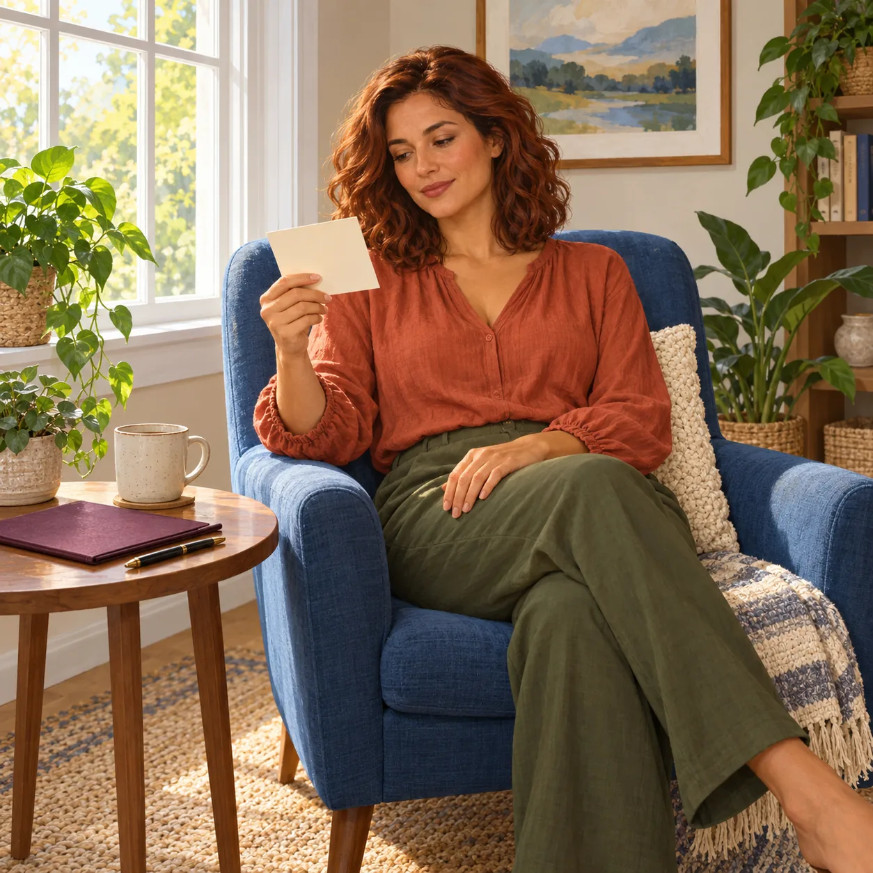Illustration of a clothed adult holding an unmarked cream card in a blue armchair beside a mug, pen and closed plum folder.