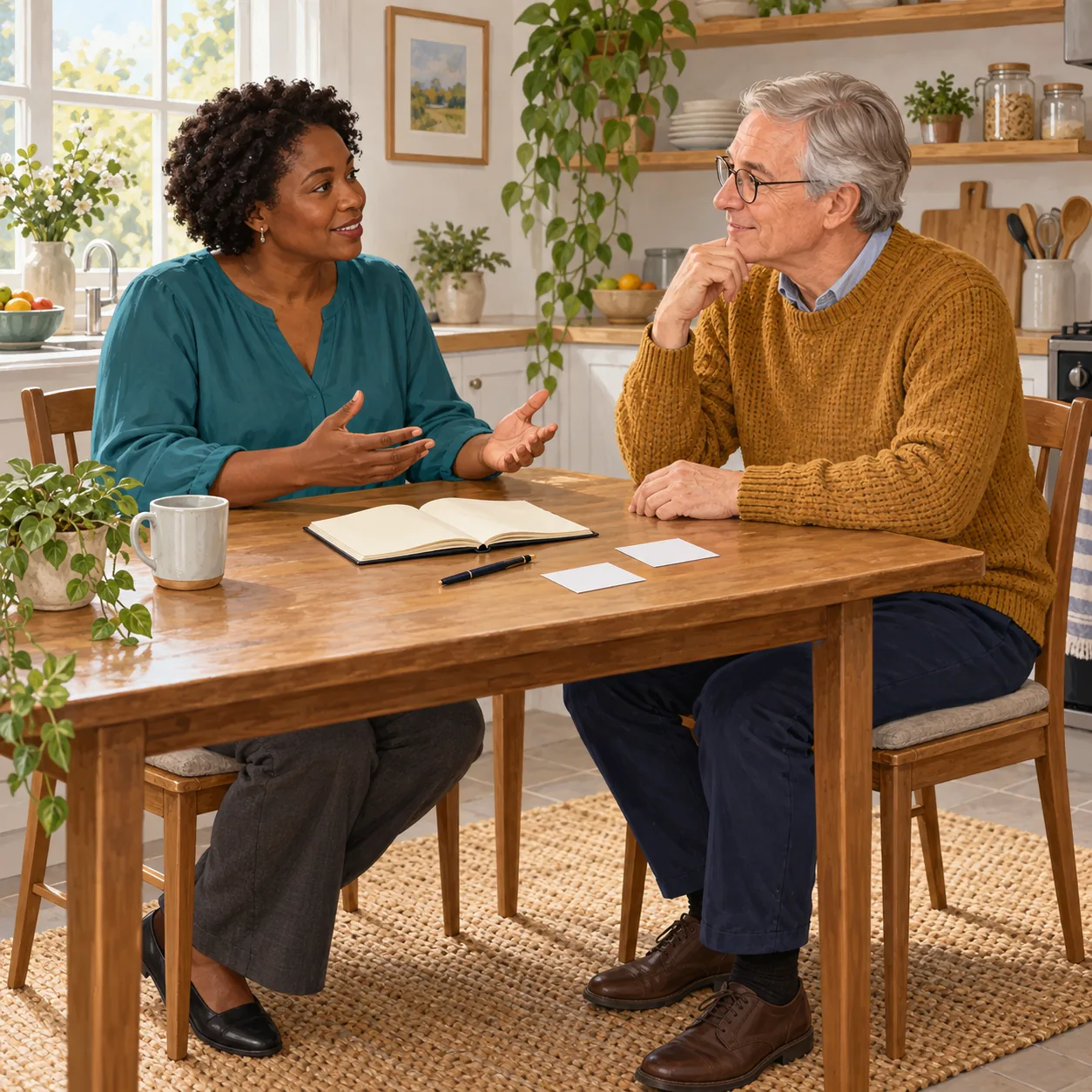 Illustration of two clothed adults talking at a kitchen table with an open blank-looking notebook, pen, two unmarked cards and mug.
