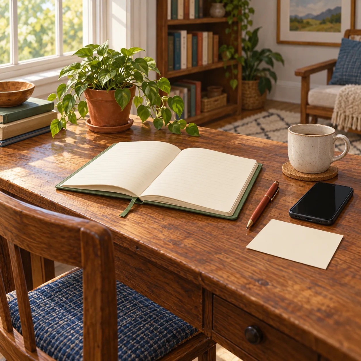 Illustration of an open unwritten lined notebook, blank cream card, pen, dark-screen phone and mug on a wooden desk.
