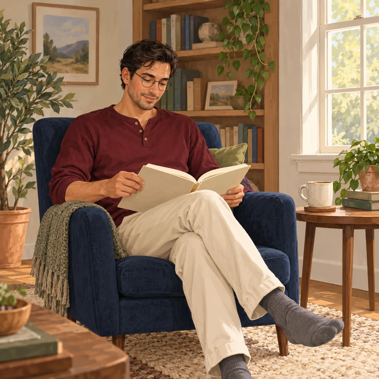 Illustration of a clothed adult holding an open plain-covered book in a blue armchair beside a mug and leafy plants.