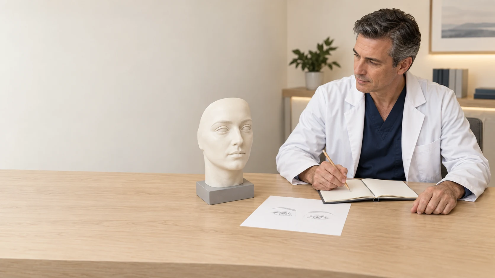 A fictional clinician studies an intact artificial facial teaching bust and an illustrative eye-and-brow sketch while taking notes in a medical learning room.