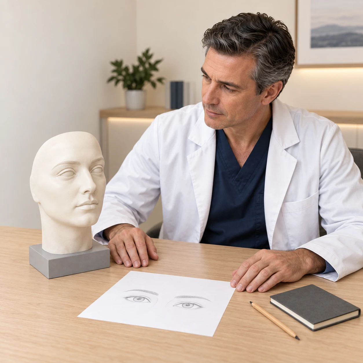 A fictional clinician studies the external upper-eyelid and brow contours of an artificial facial teaching bust beside a neutral eye-and-brow sketch.
