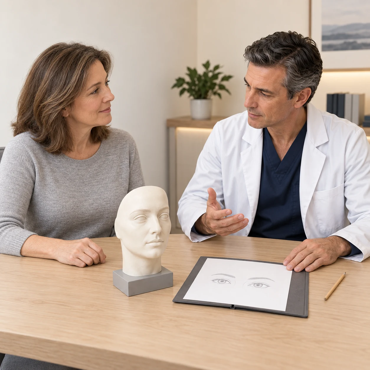 A fictional clinician and adult consultation participant discuss individual upper-eyelid planning beside an artificial facial teaching bust and a neutral eye-and-brow sketch.