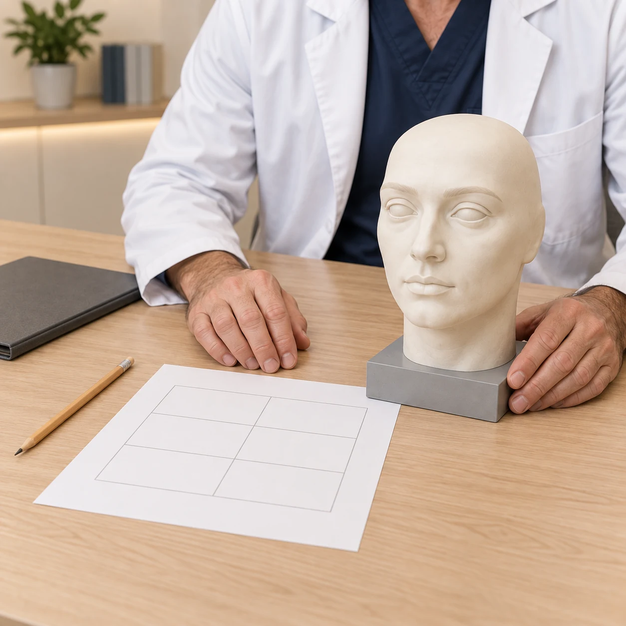 Close tabletop view of a fictional clinician studying an intact artificial facial teaching bust beside a blank comparison grid for individual upper-eyelid planning.