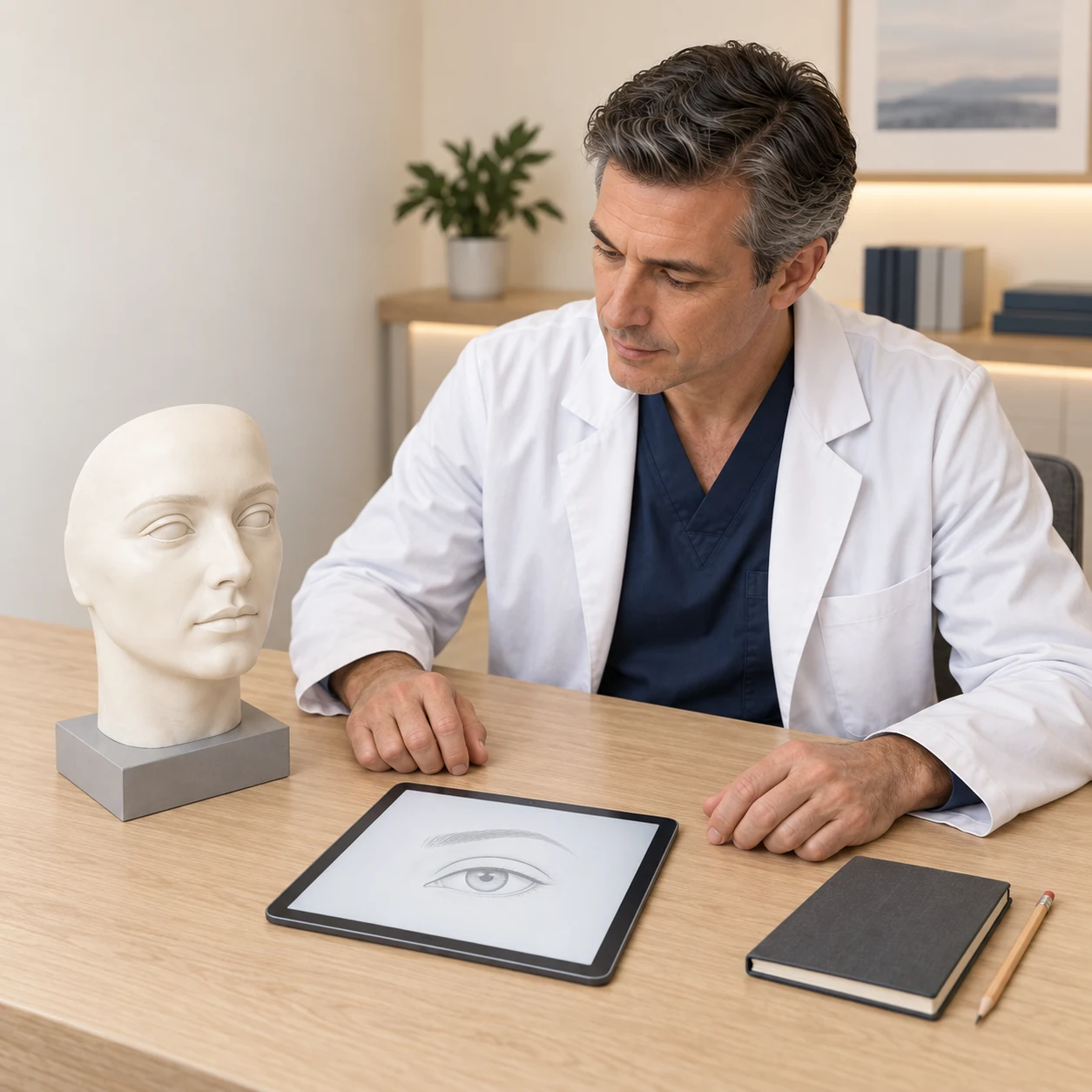 A fictional clinician studies an artificial facial teaching bust and an illustrative external eye-and-brow contour on a screen-up tablet.