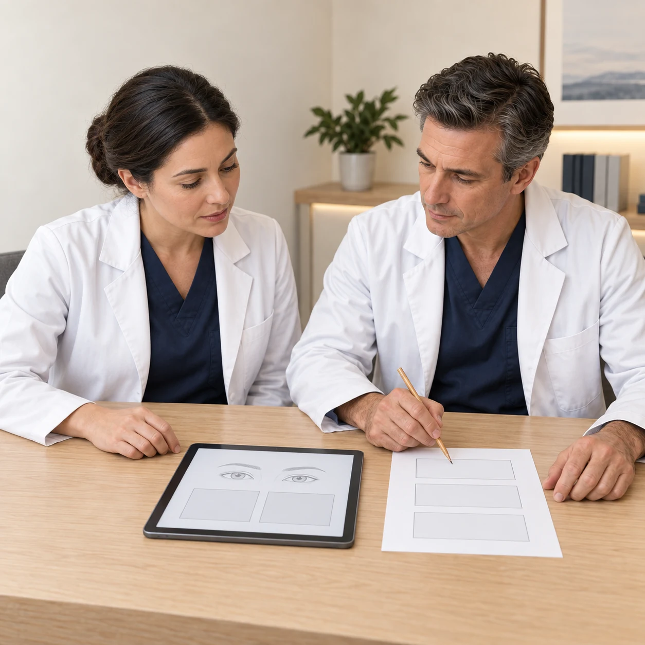 Two fictional clinical colleagues review generic follow-up teaching materials on a screen-up tablet and a neutral paper sheet.
