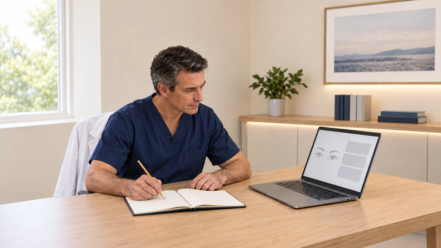 A fictional clinician studies a generic upper-eyelid learning page on a laptop while taking notes in an open blank notebook.